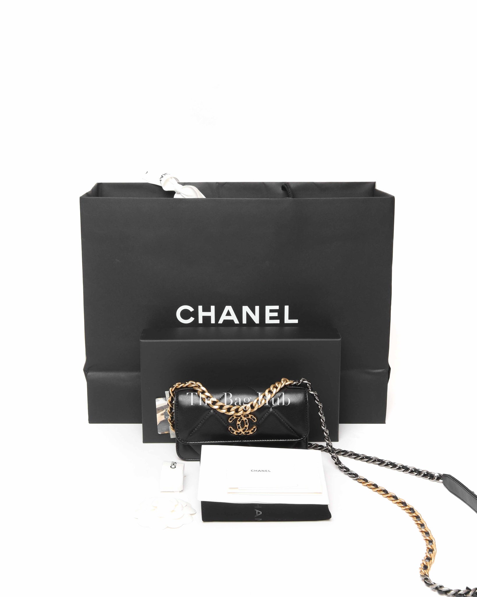 Chanel Black Shiny Lambskin Quilted C19 Clutch w/ Chain