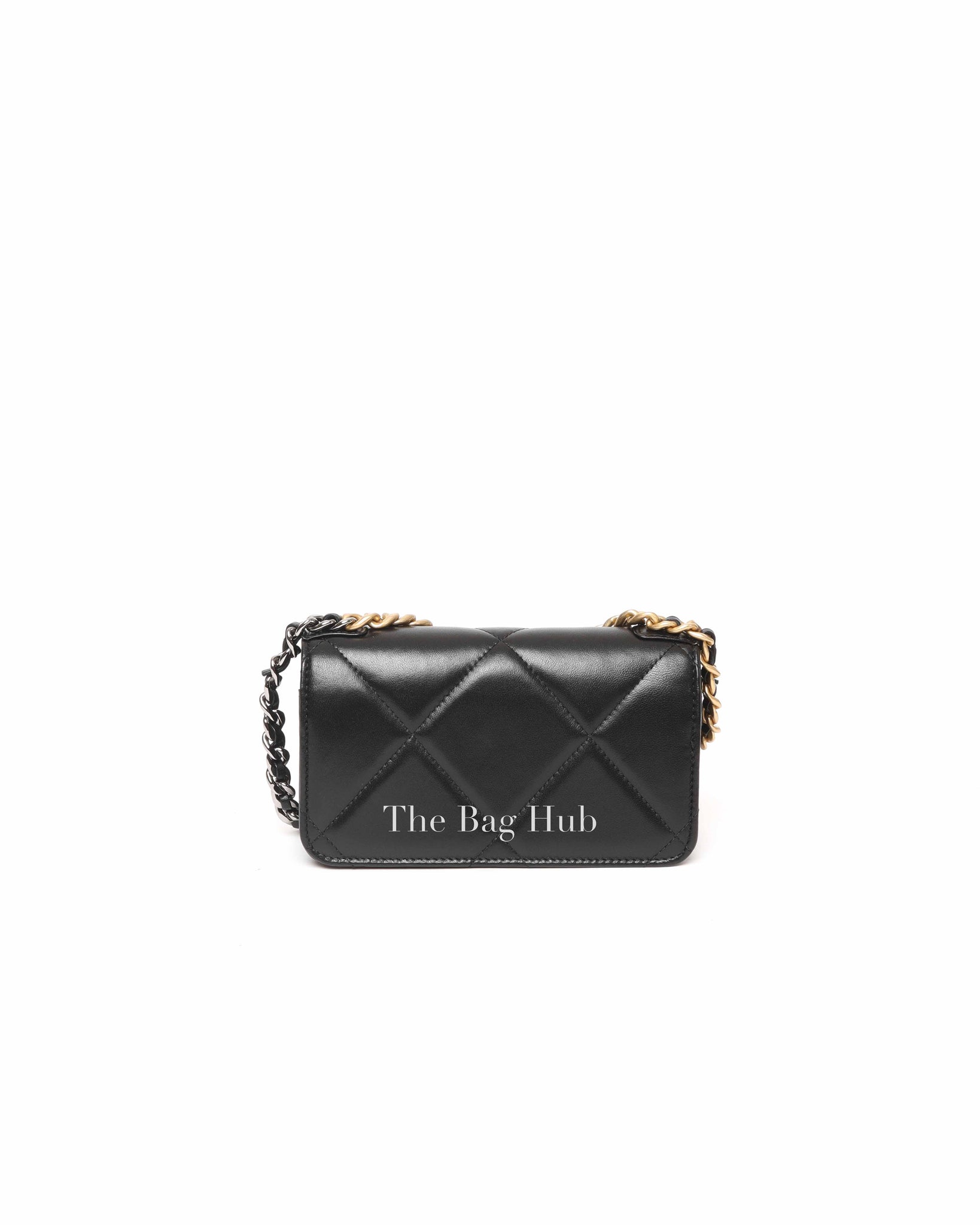 Chanel Black Shiny Lambskin Quilted C19 Clutch w/ Chain