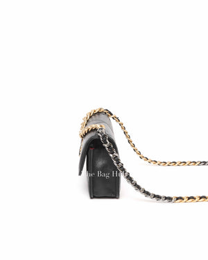 Chanel Black Shiny Lambskin Quilted C19 Clutch w/ Chain