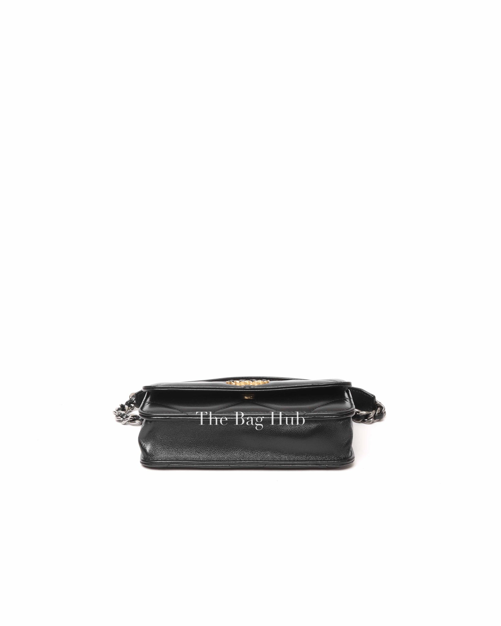 Chanel Black Shiny Lambskin Quilted C19 Clutch w/ Chain