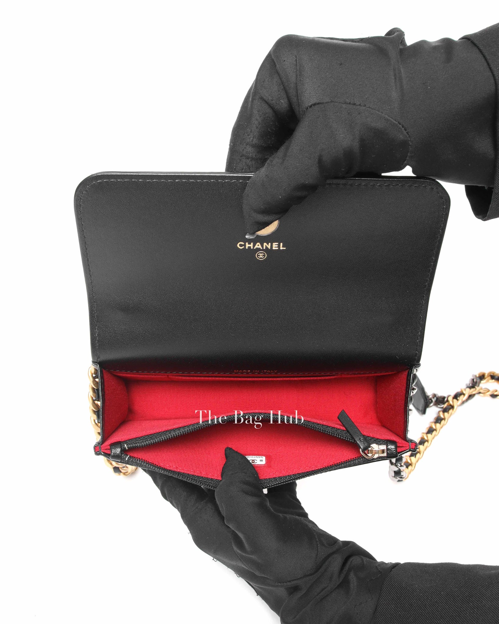 Chanel Black Shiny Lambskin Quilted C19 Clutch w/ Chain