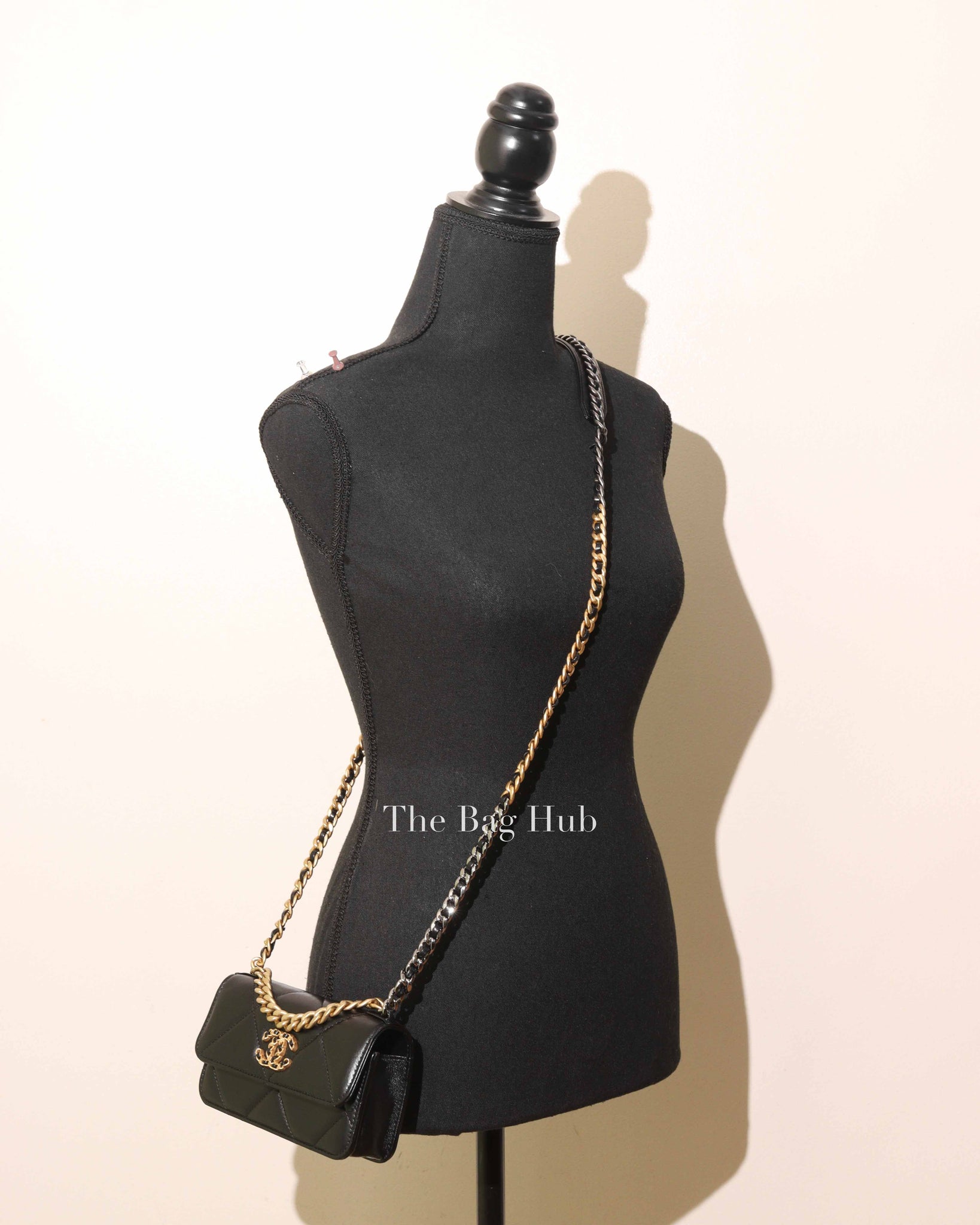 Chanel Black Shiny Lambskin Quilted C19 Clutch w/ Chain