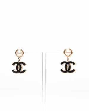 Chanel Black/Gold CC Pearl Dangle Drop Earrings