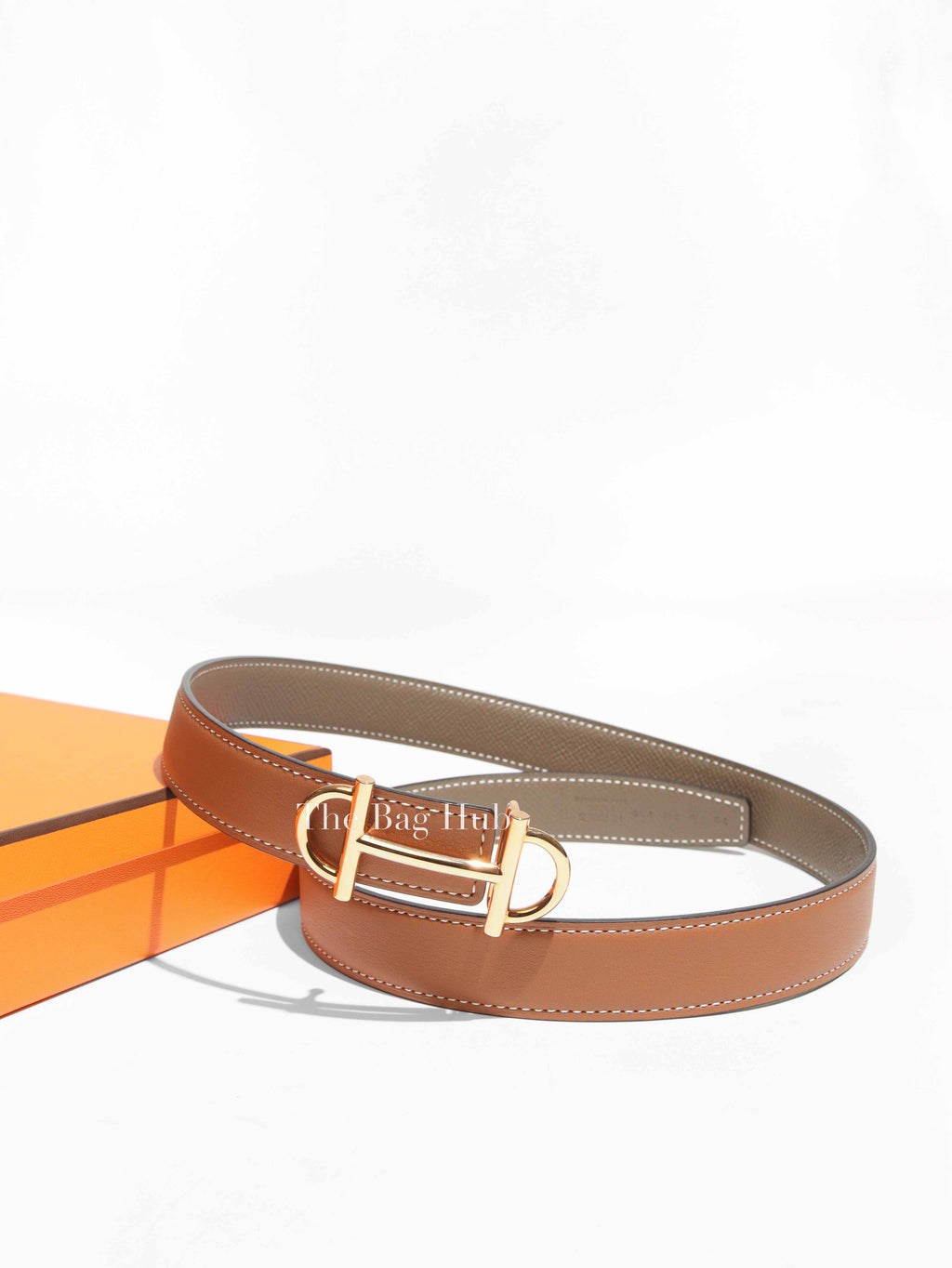 Hermes Gold/Etoupe Swift/Epsom Gamma Buckle Reversible Belt 24MM Plated Brass/Pink Gold HW