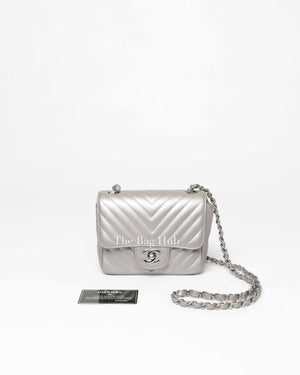 Chanel Silver Chevron Caviar Mini Square Flap Bag SHW