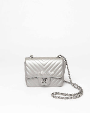 Chanel Silver Chevron Caviar Mini Square Flap Bag SHW