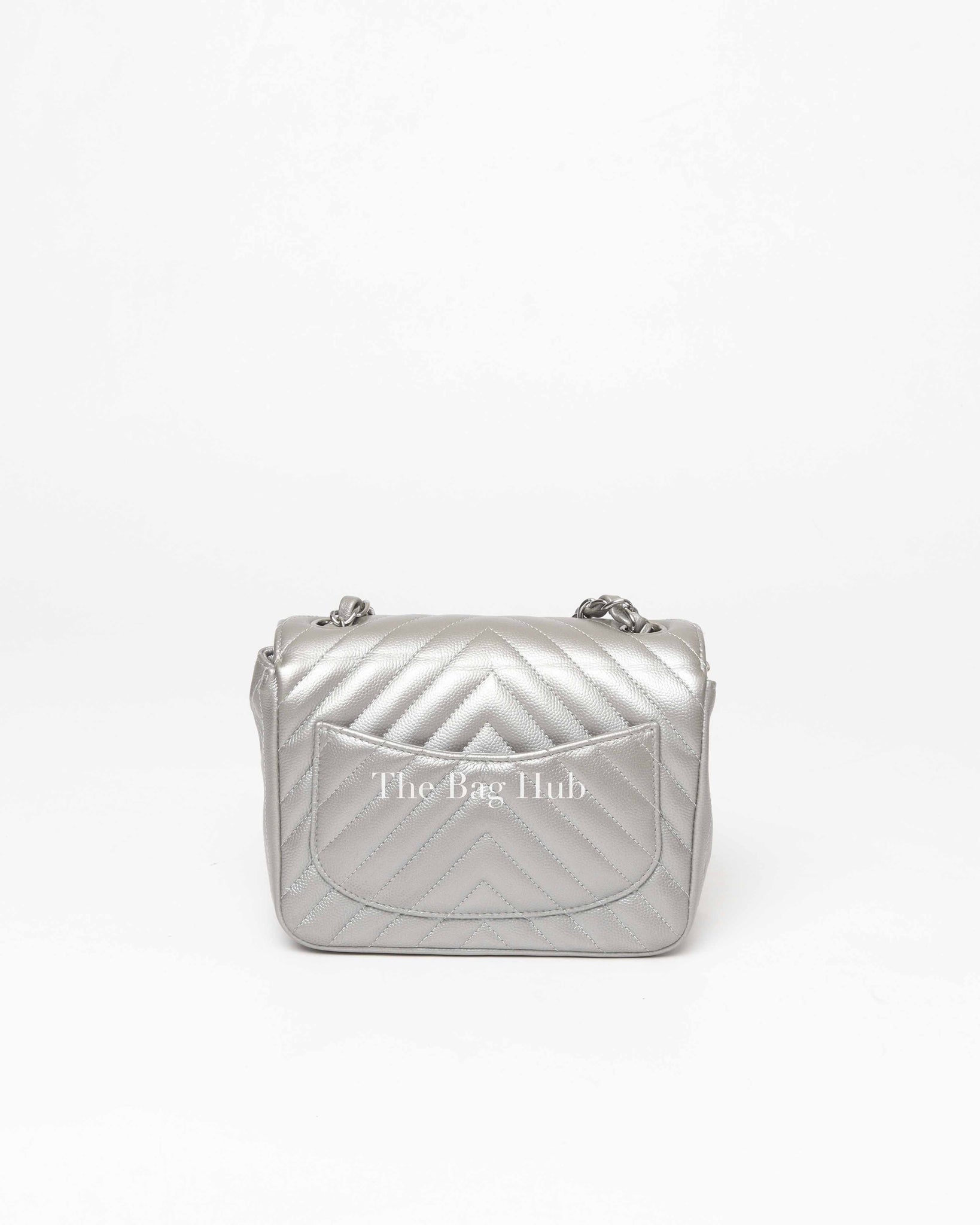 Chanel Silver Chevron Caviar Mini Square Flap Bag SHW