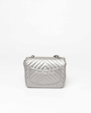 Chanel Silver Chevron Caviar Mini Square Flap Bag SHW
