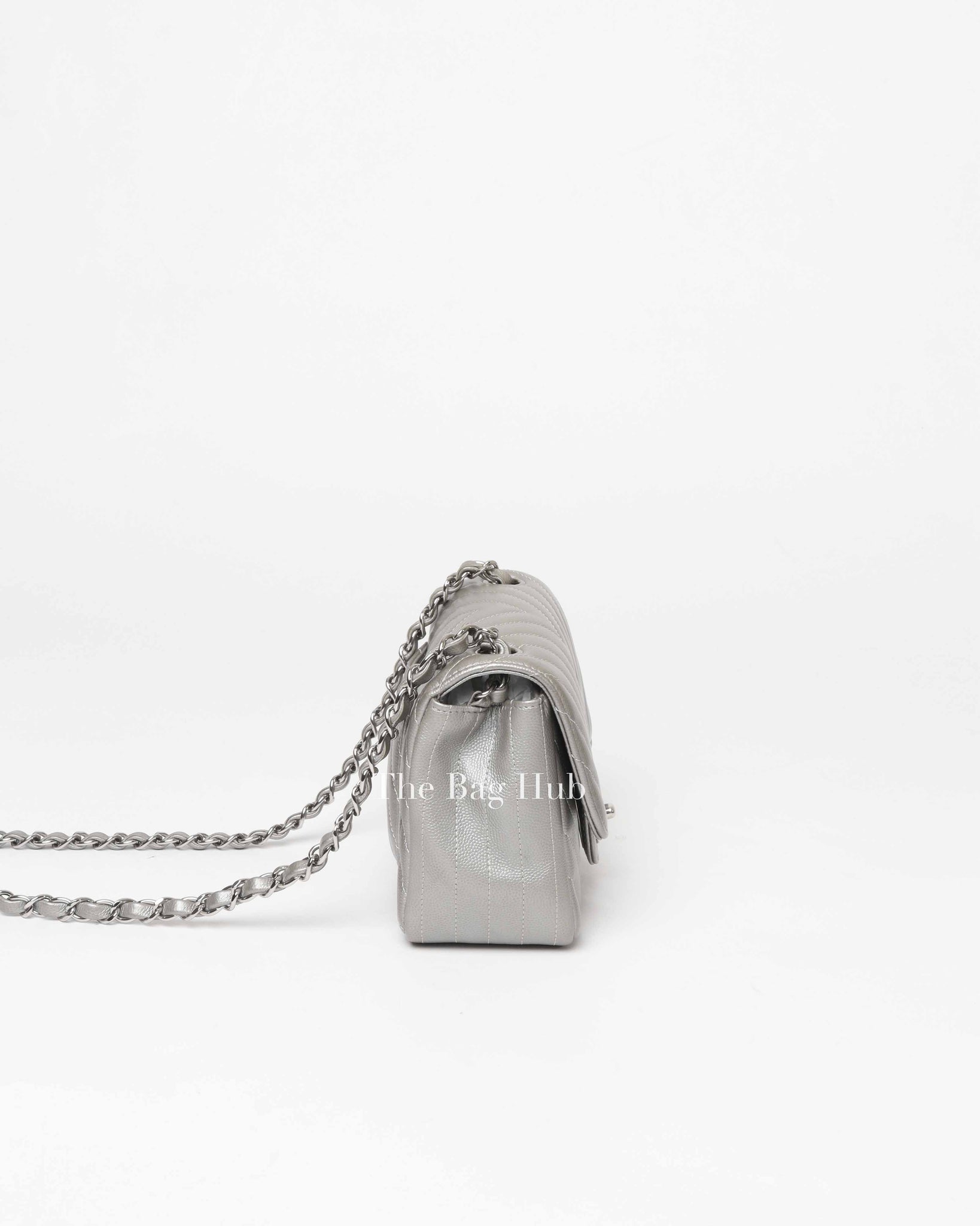 Chanel Silver Chevron Caviar Mini Square Flap Bag SHW