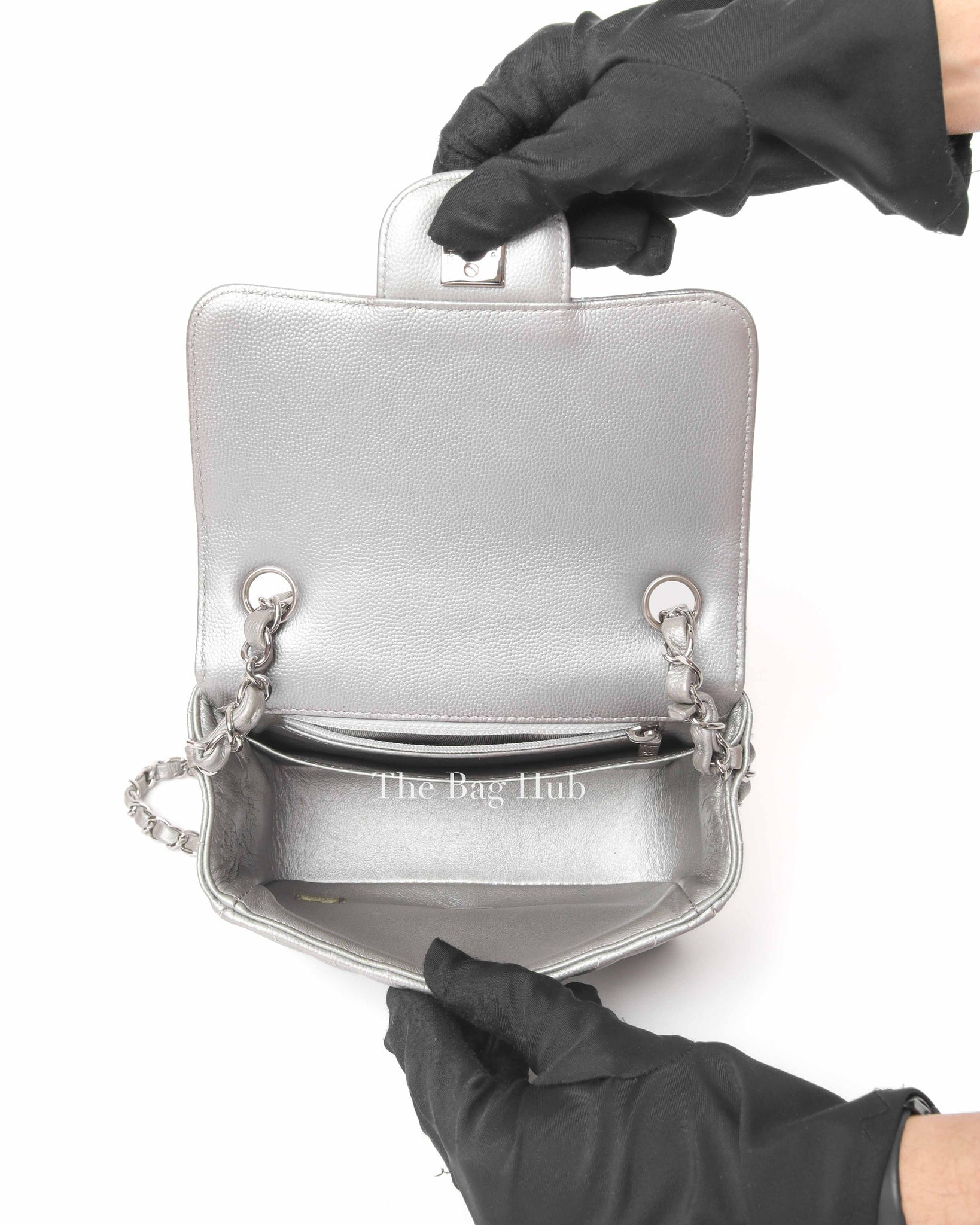 Chanel Silver Chevron Caviar Mini Square Flap Bag SHW