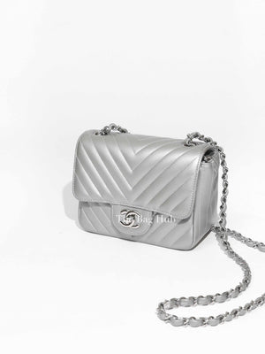 Chanel Silver Chevron Caviar Mini Square Flap Bag SHW