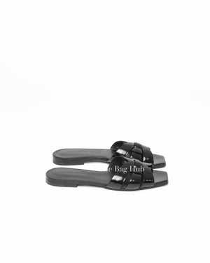 Saint Laurent Black Patent Leather Tribute Flat Sandals Size 37