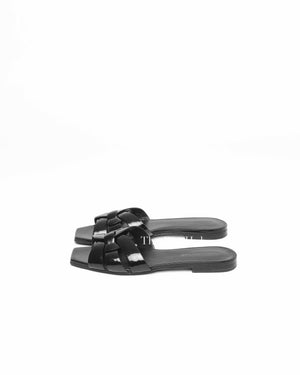 Saint Laurent Black Patent Leather Tribute Flat Sandals Size 37