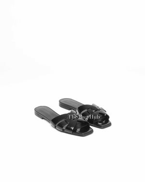 Saint Laurent Black Patent Leather Tribute Flat Sandals Size 37
