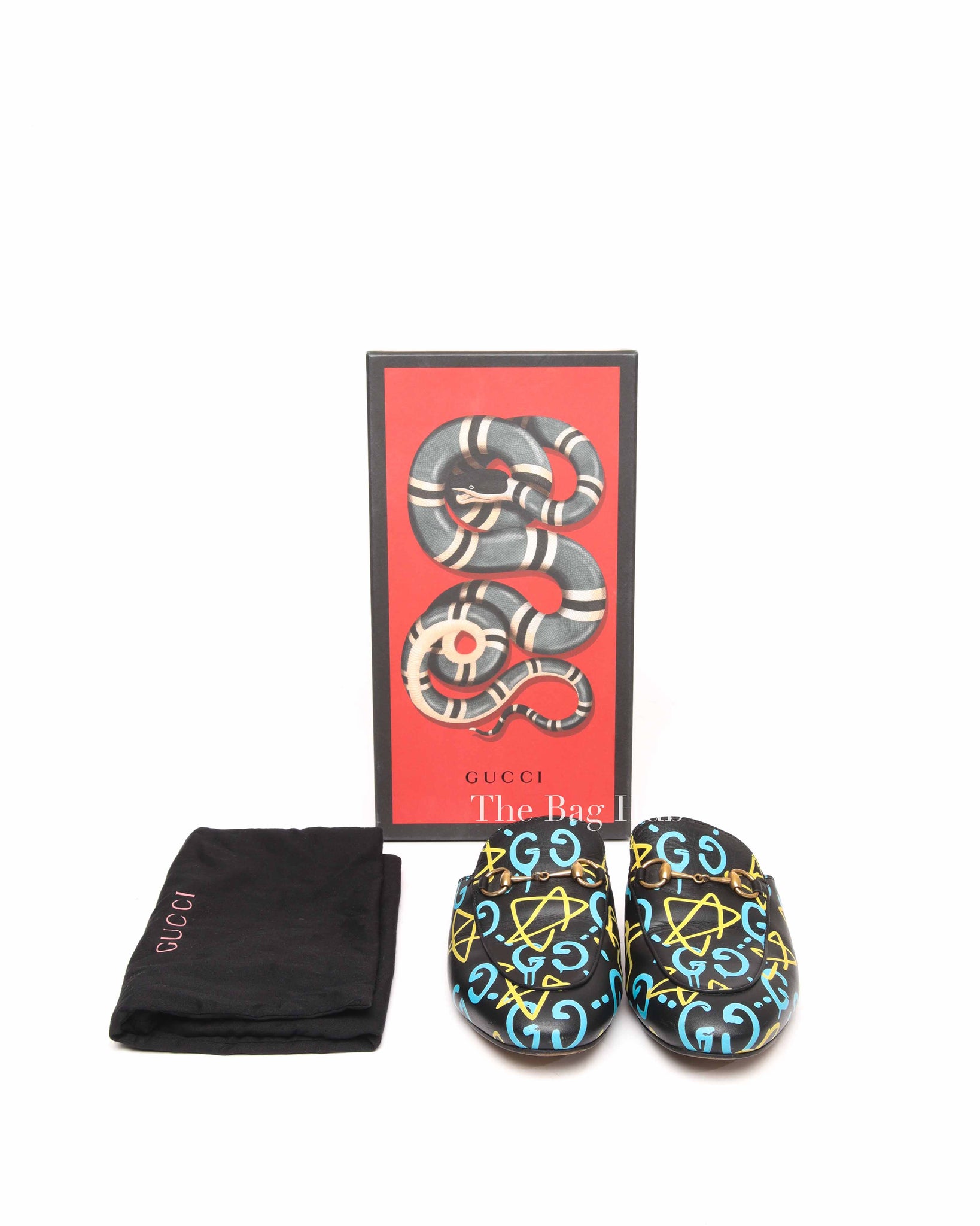 Gucci Black Printed Leather Ghost Princetown Horsebit Loafer Slides Size 39