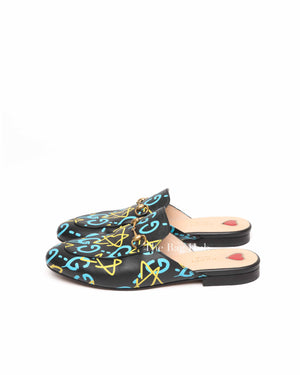 Gucci Black Printed Leather Ghost Princetown Horsebit Loafer Slides Size 39