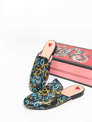 Gucci Black Printed Leather Ghost Princetown Horsebit Loafer Slides Size 39