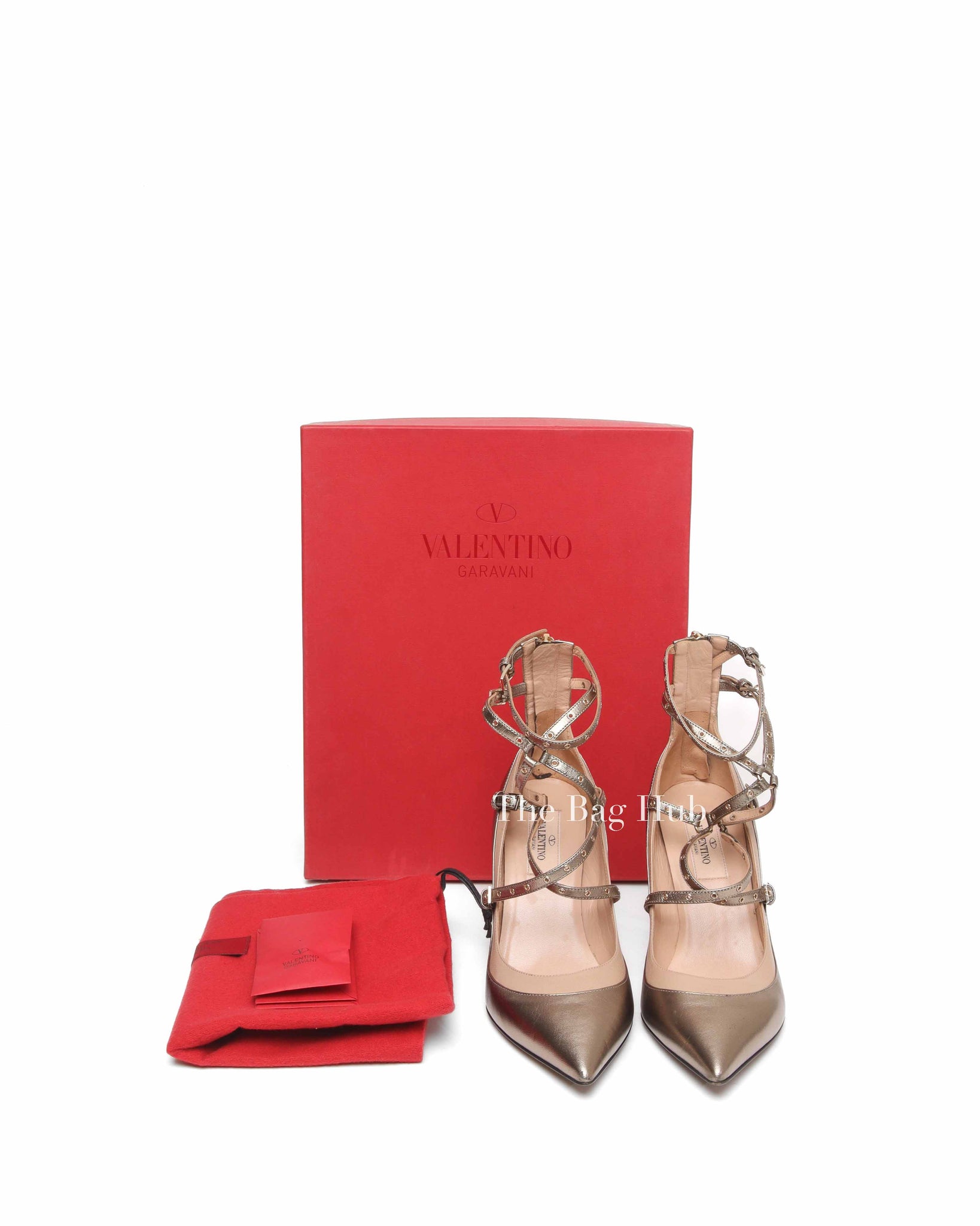 Valentino Gold Leather Eyelet Love Latch Pointed Toe Pumps Size 37