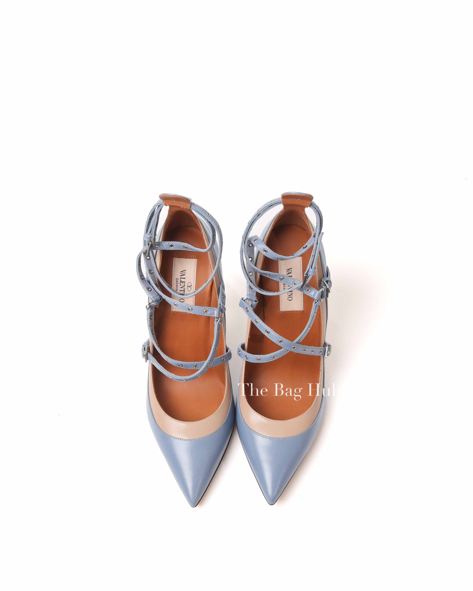 Valentino Blue/Beige Eyelet Leather Love Latch Ankle Strap Pumps Size 37
