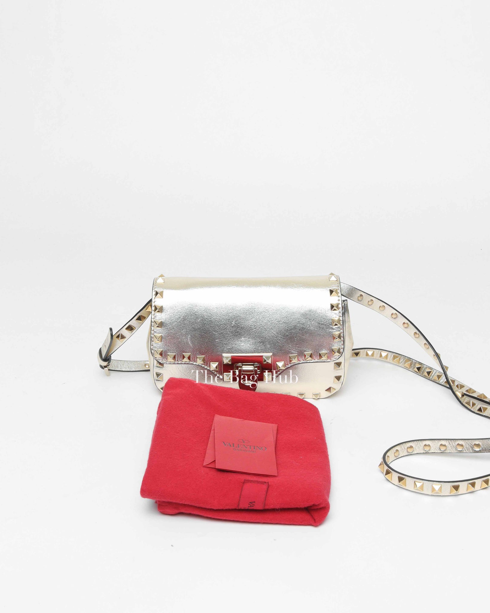 Valentino Platino Metallic Leather Rockstud Flip Lock Small Crossbody Bag