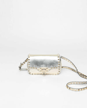 Valentino Platino Metallic Leather Rockstud Flip Lock Small Crossbody Bag