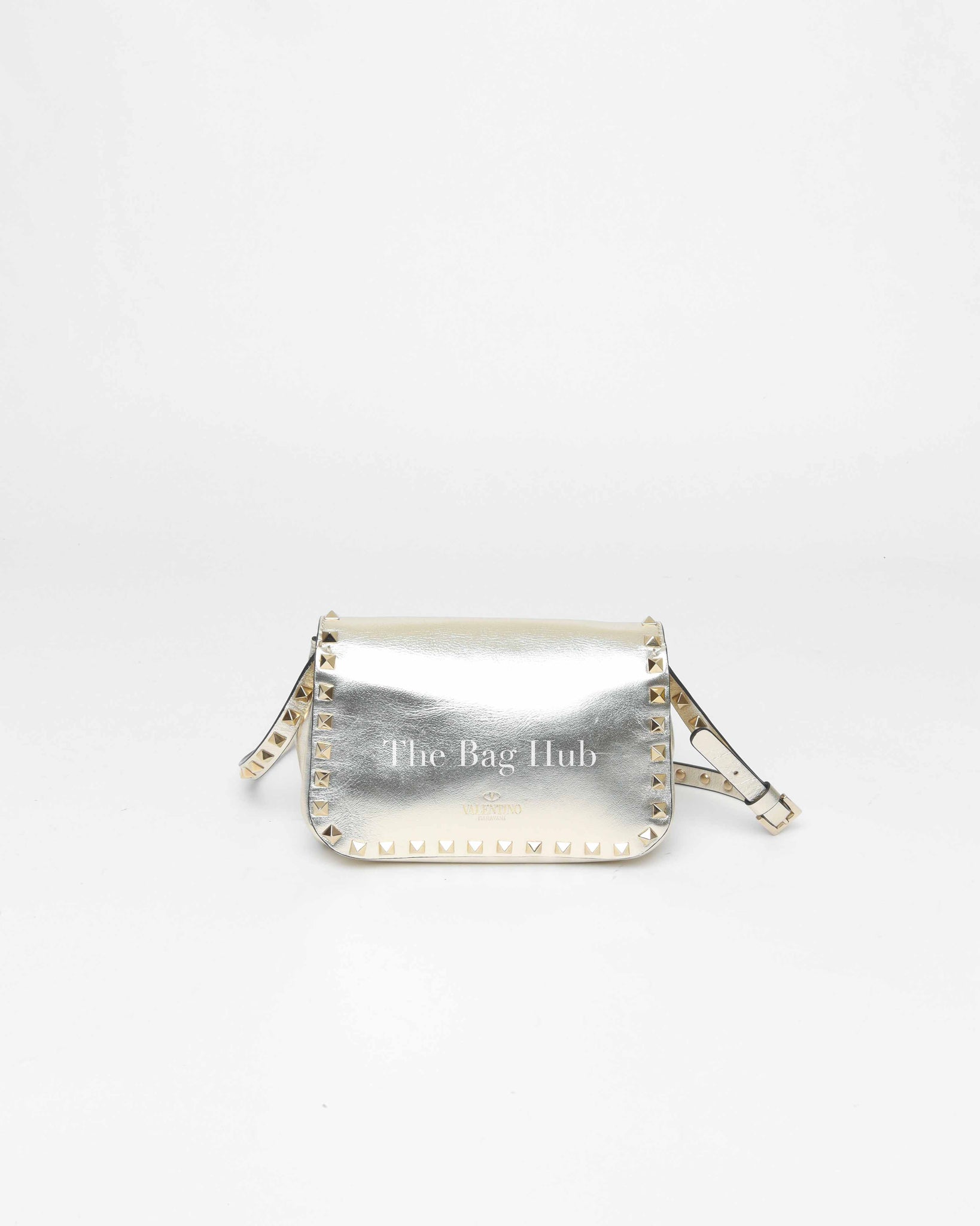 Valentino Platino Metallic Leather Rockstud Flip Lock Small Crossbody Bag