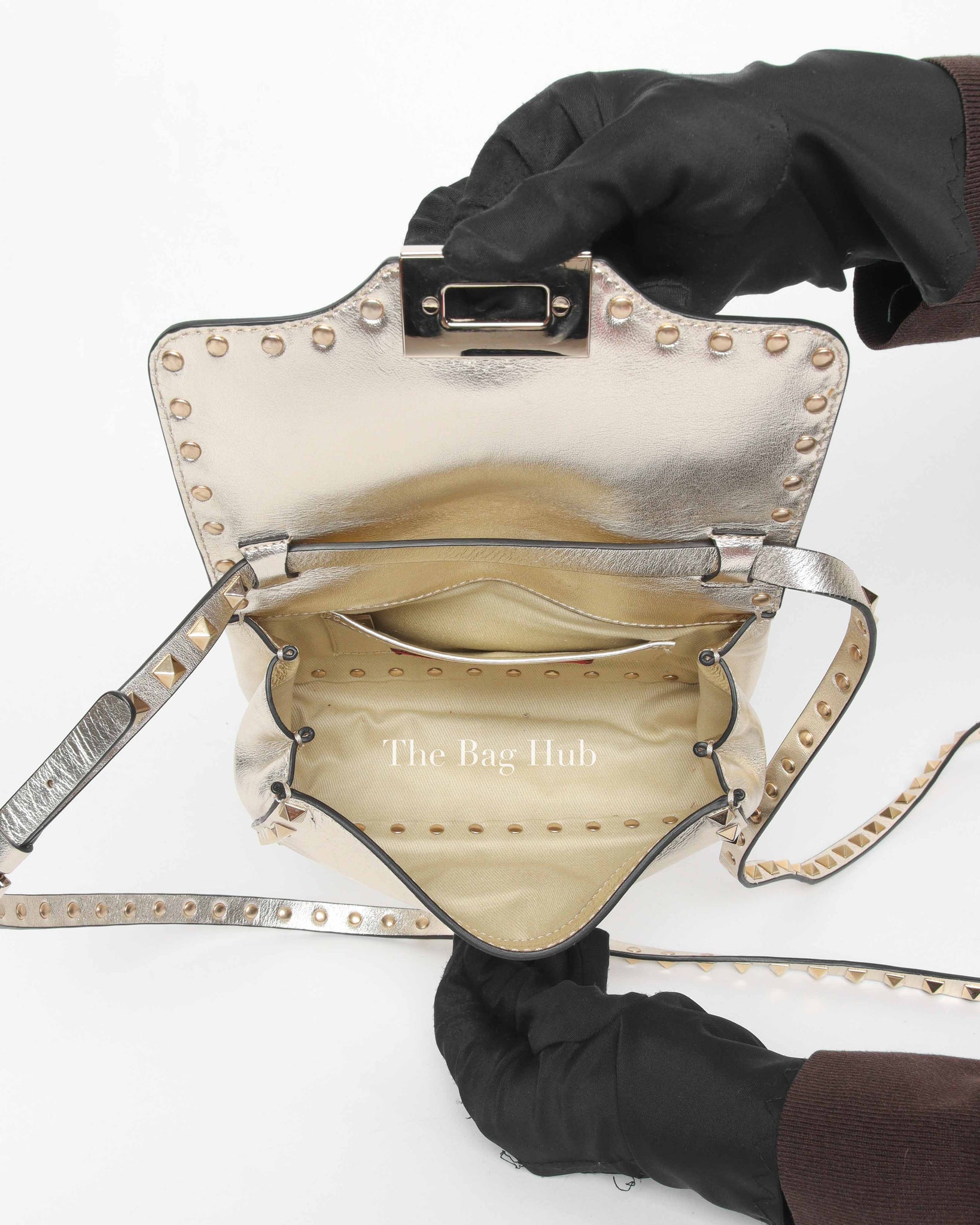 Valentino Platino Metallic Leather Rockstud Flip Lock Small Crossbody Bag