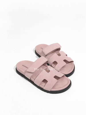 Hermes Rose Porcelaine Suede Chypre Sandals Size 37.5