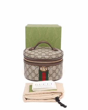 Gucci Beige Ebony Leather Canvas Monogram GG Supreme New Acero Web Ophidia Vanity Cosmetic Case
