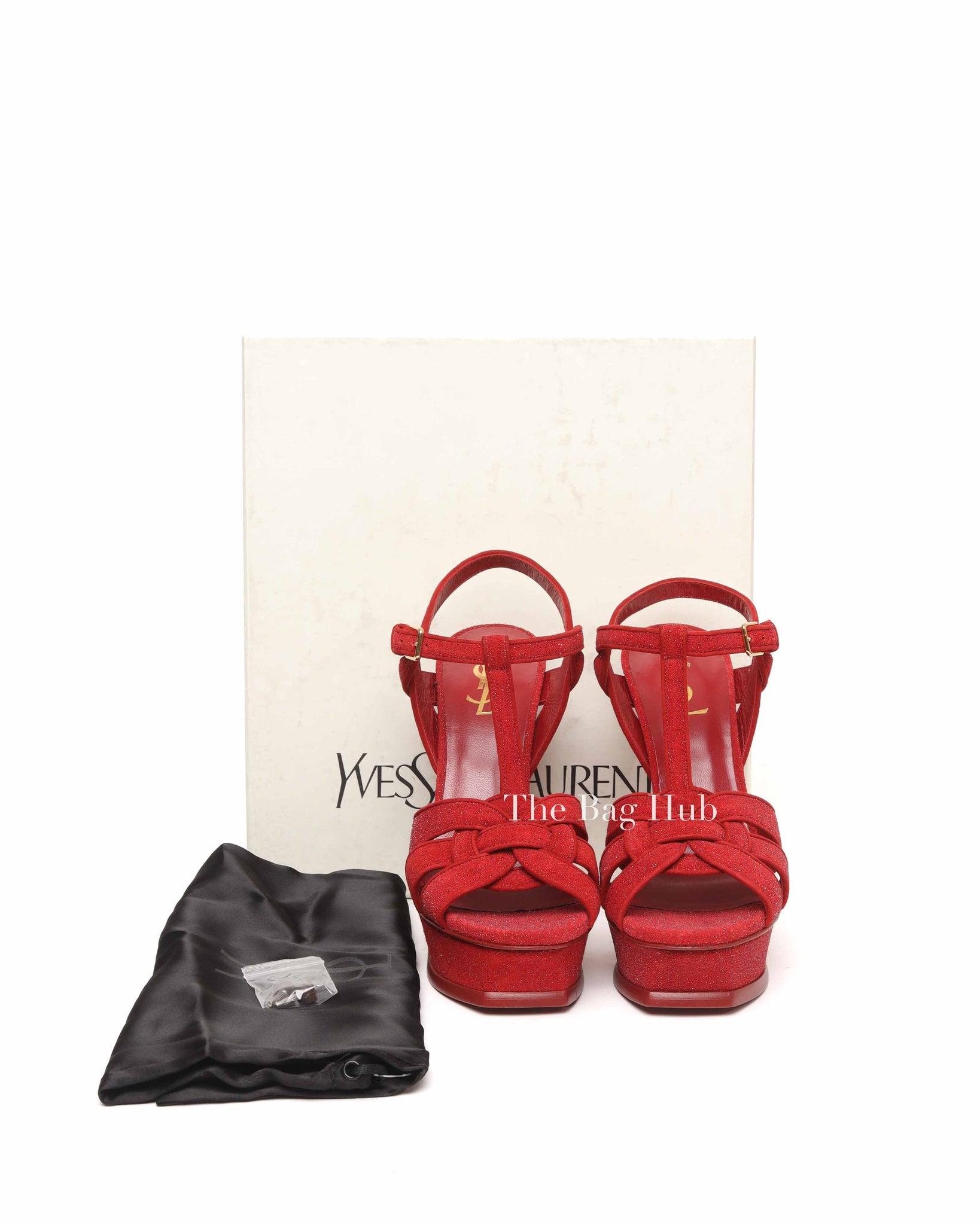 Saint Laurent Red Suede Glitter Tribute Sandals Size 37