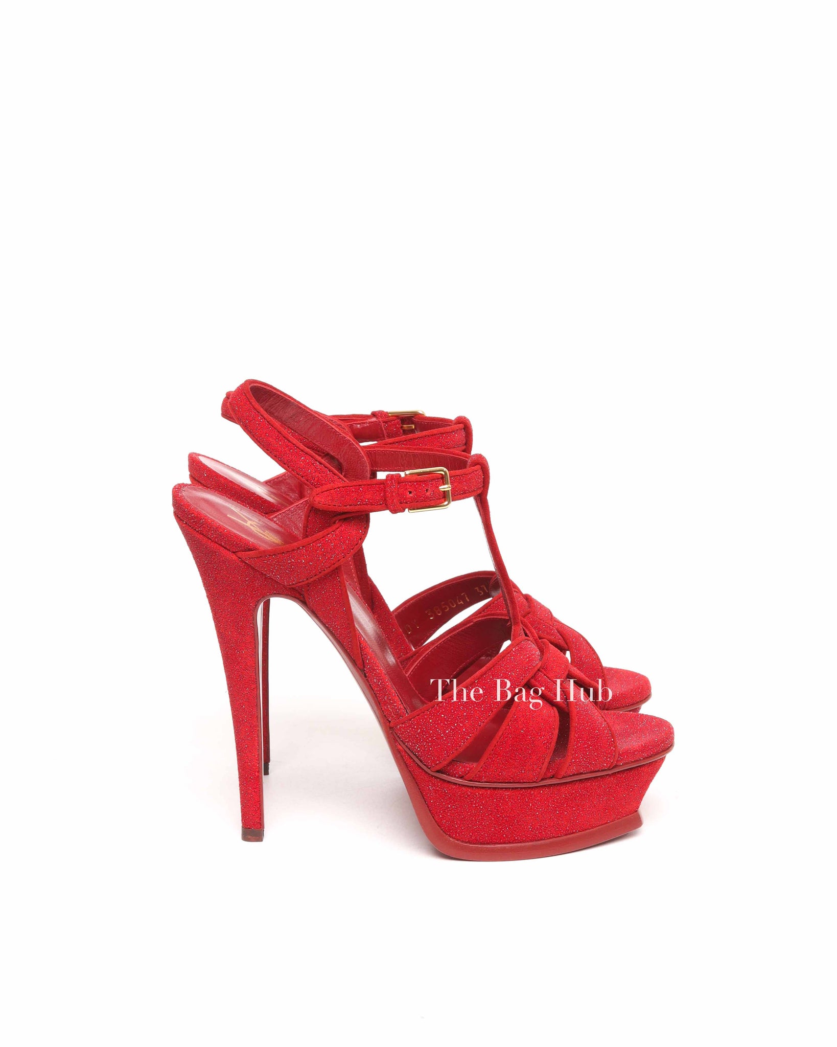 Saint Laurent Red Suede Glitter Tribute Sandals Size 37
