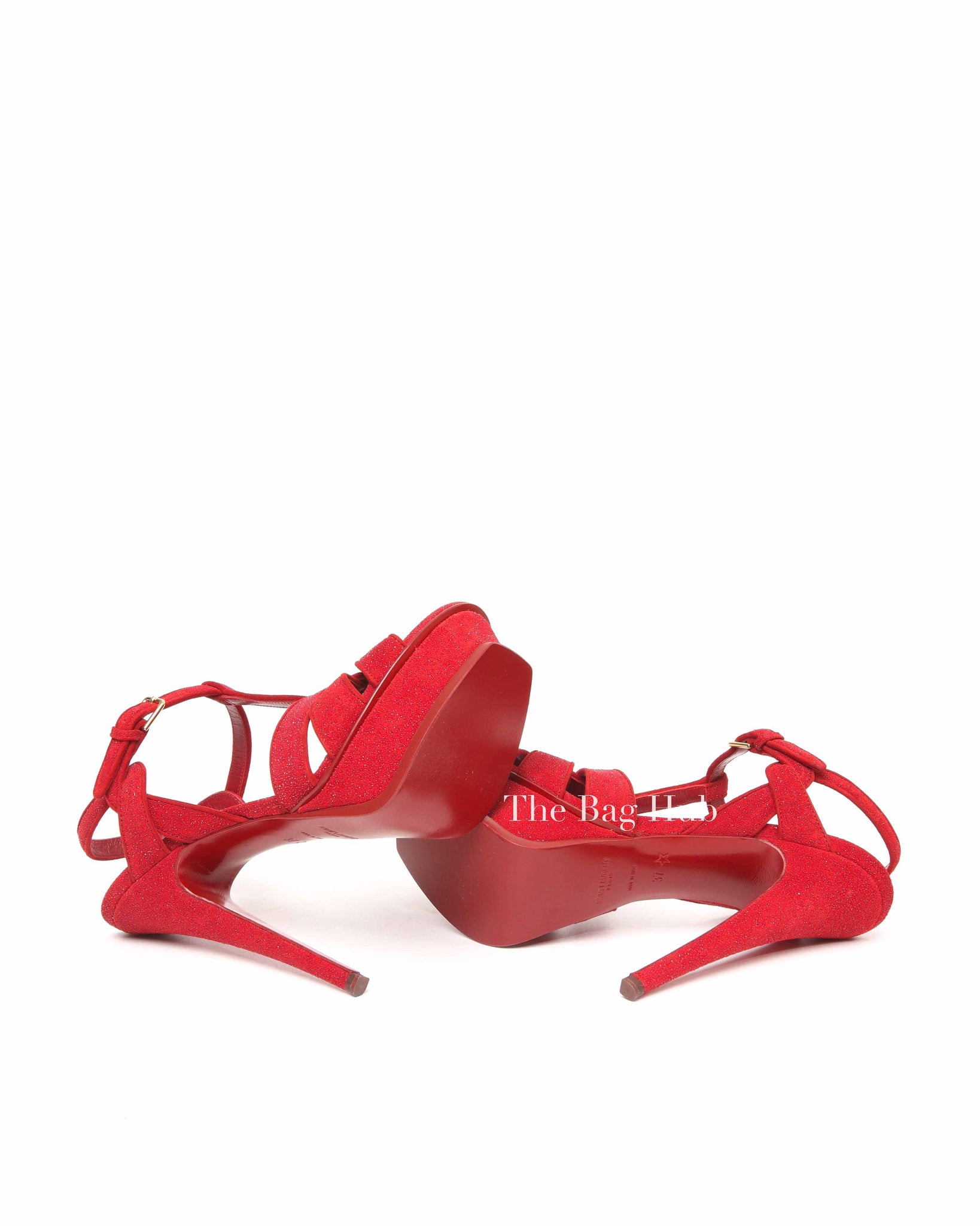 Saint Laurent Red Suede Glitter Tribute Sandals Size 37