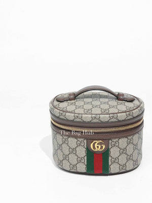 Gucci Beige Ebony Leather Canvas Monogram GG Supreme New Acero Web Ophidia Vanity Cosmetic Case