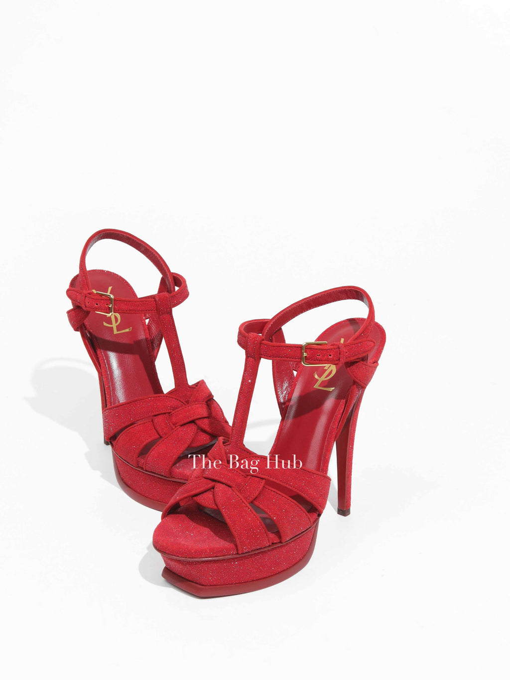 Saint Laurent Red Suede Glitter Tribute Sandals Size 37