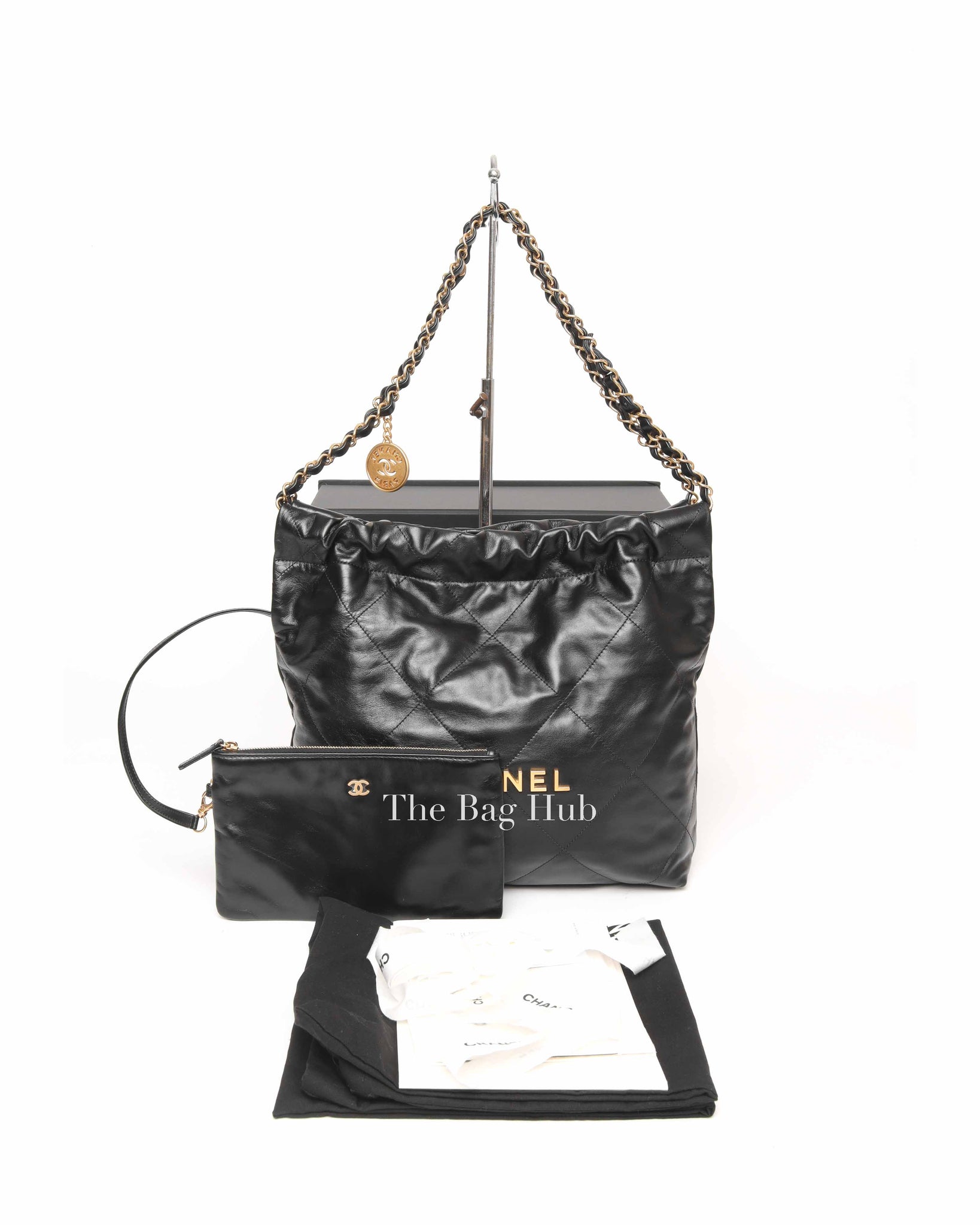 Chanel Black Shiny Calfskin 22 Small Handbag GHW