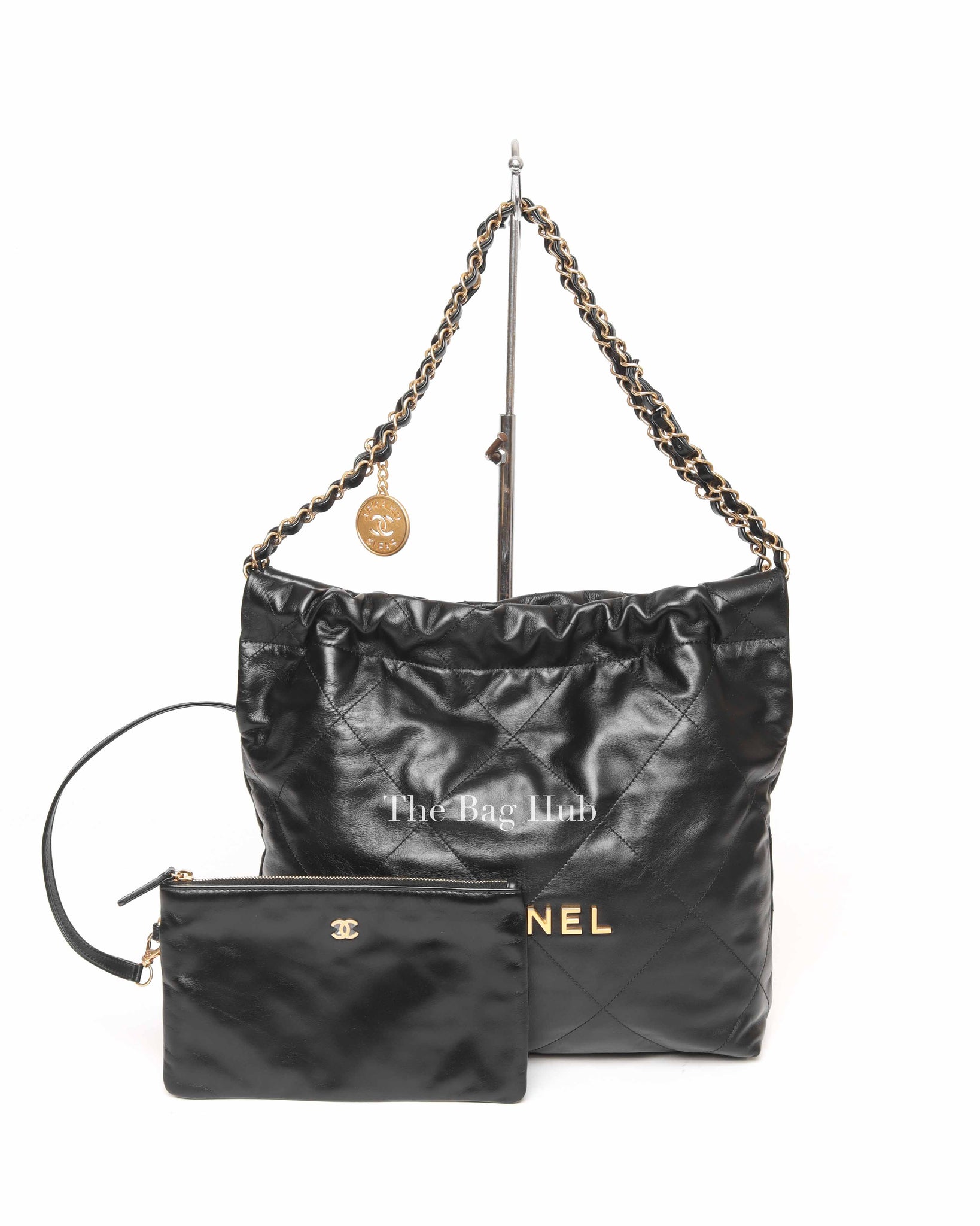 Chanel Black Shiny Calfskin 22 Small Handbag GHW