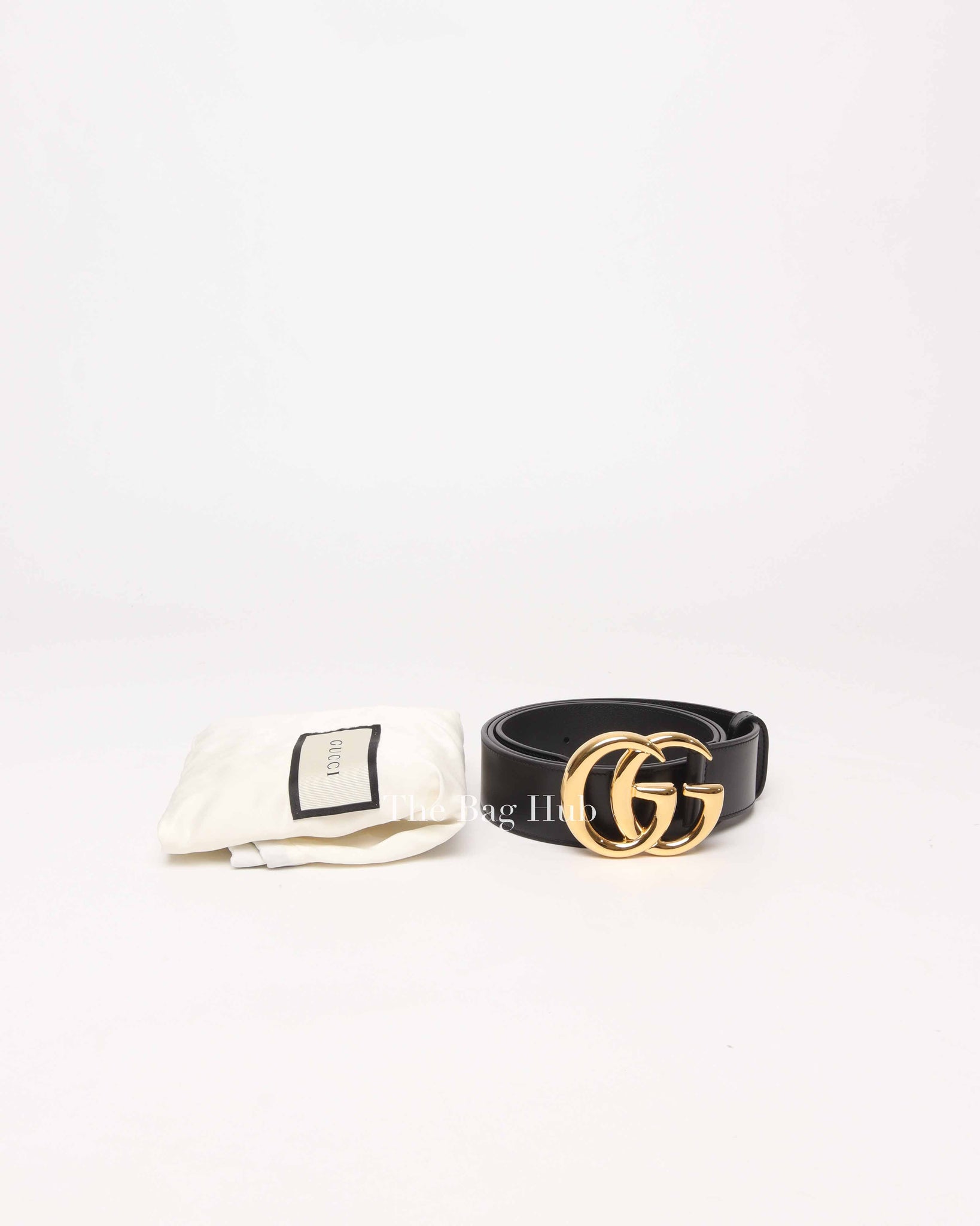 Gucci Black Leather GG Marmont With Shiny Buckle Belt Size 95 Designer Brand Authentic Gucci The Bag Hub