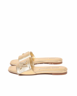 Louis Vuitton Gold Metallic Leather Twist Flat Mules Size 36