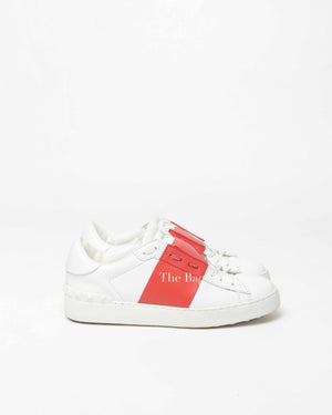 Valentino Garavani White/Red Leather Rockstud Low Top Sneakers Size 39