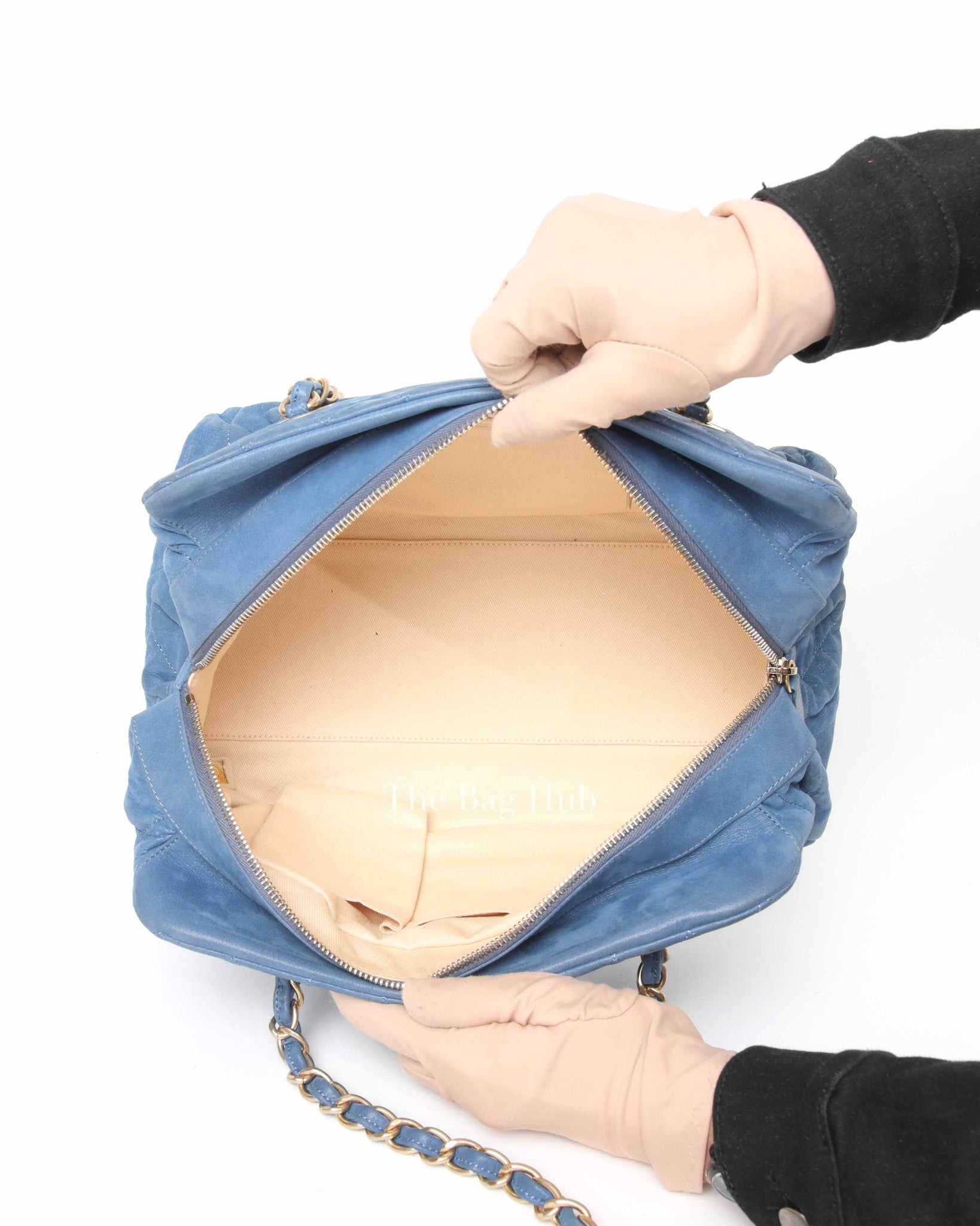 Chanel Blue Quilted Velvet CC Bowling Bag