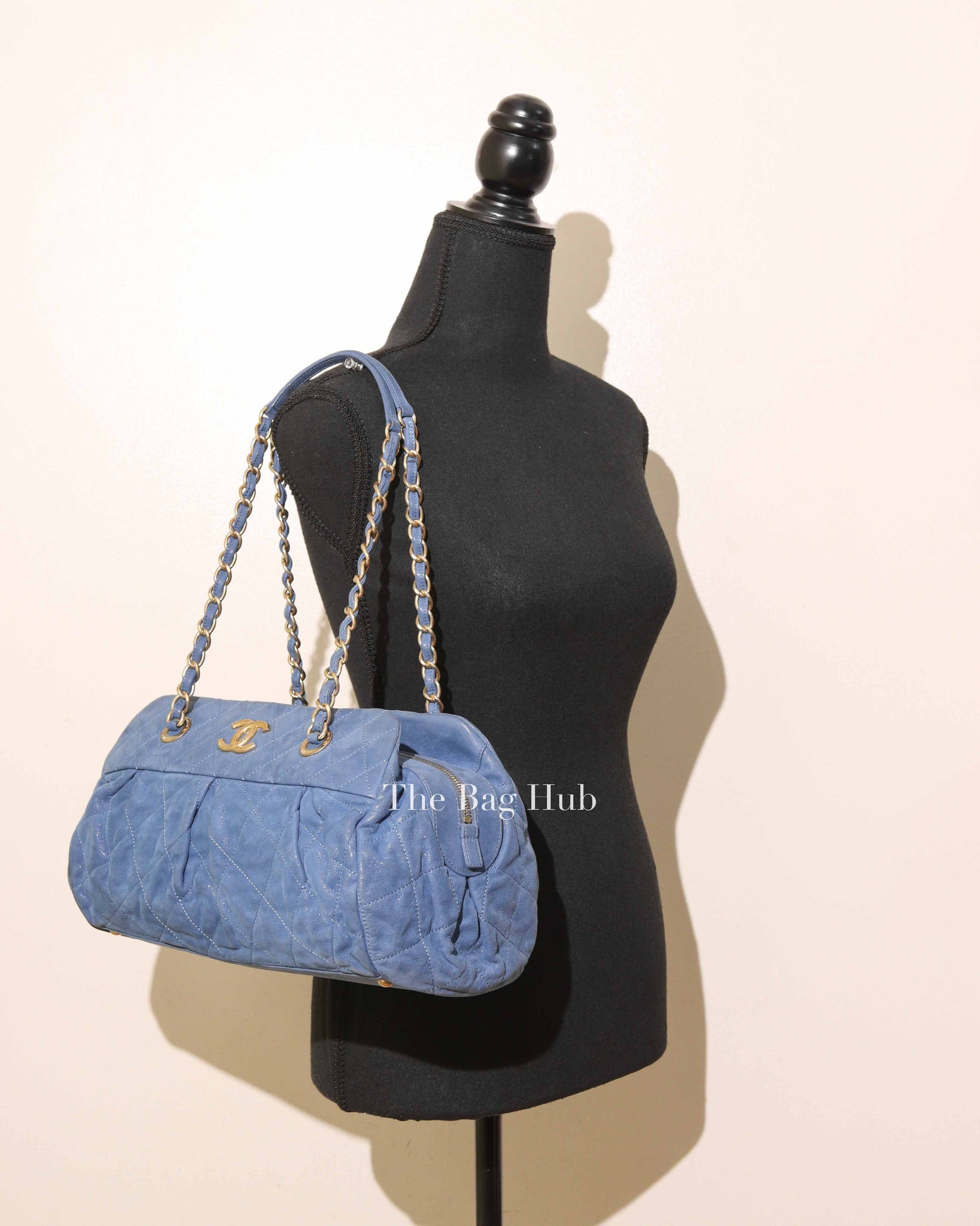 Chanel Blue Quilted Velvet CC Bowling Bag