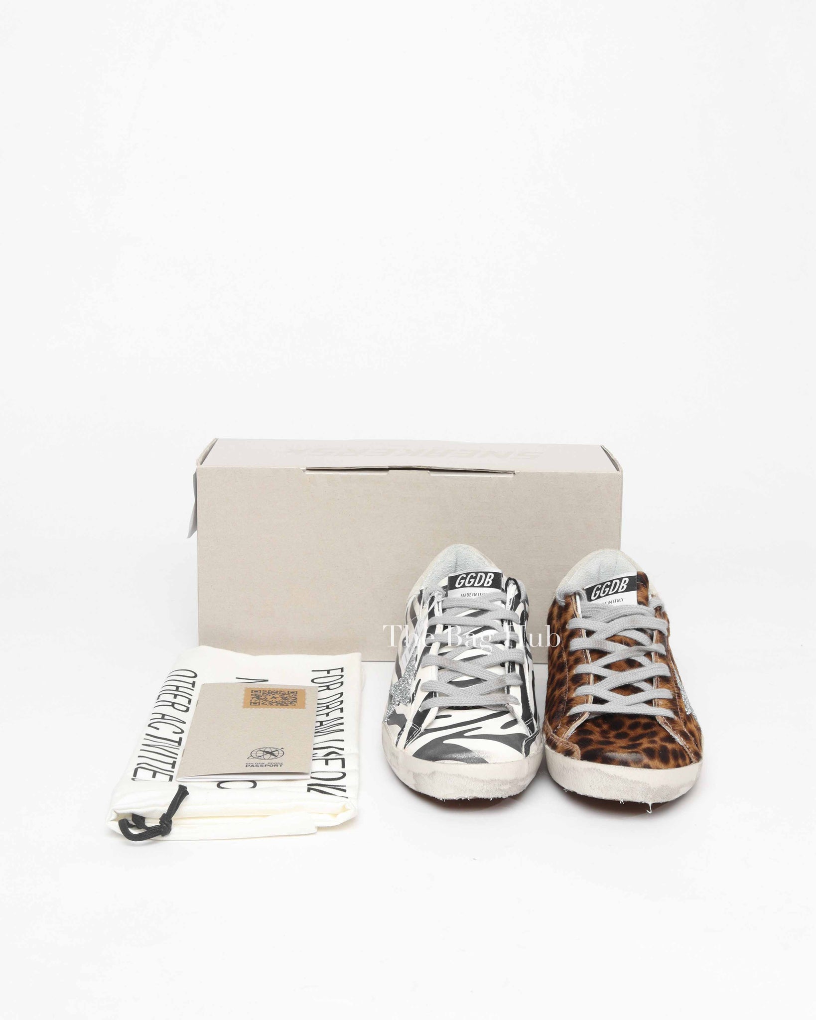 Golden Goose Zebra/Beige Brown Leopard Pony Skin Swarovski Star Super Star Classic Size 39