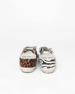 Golden Goose Zebra/Beige Brown Leopard Pony Skin Swarovski Star Super Star Classic Size 39
