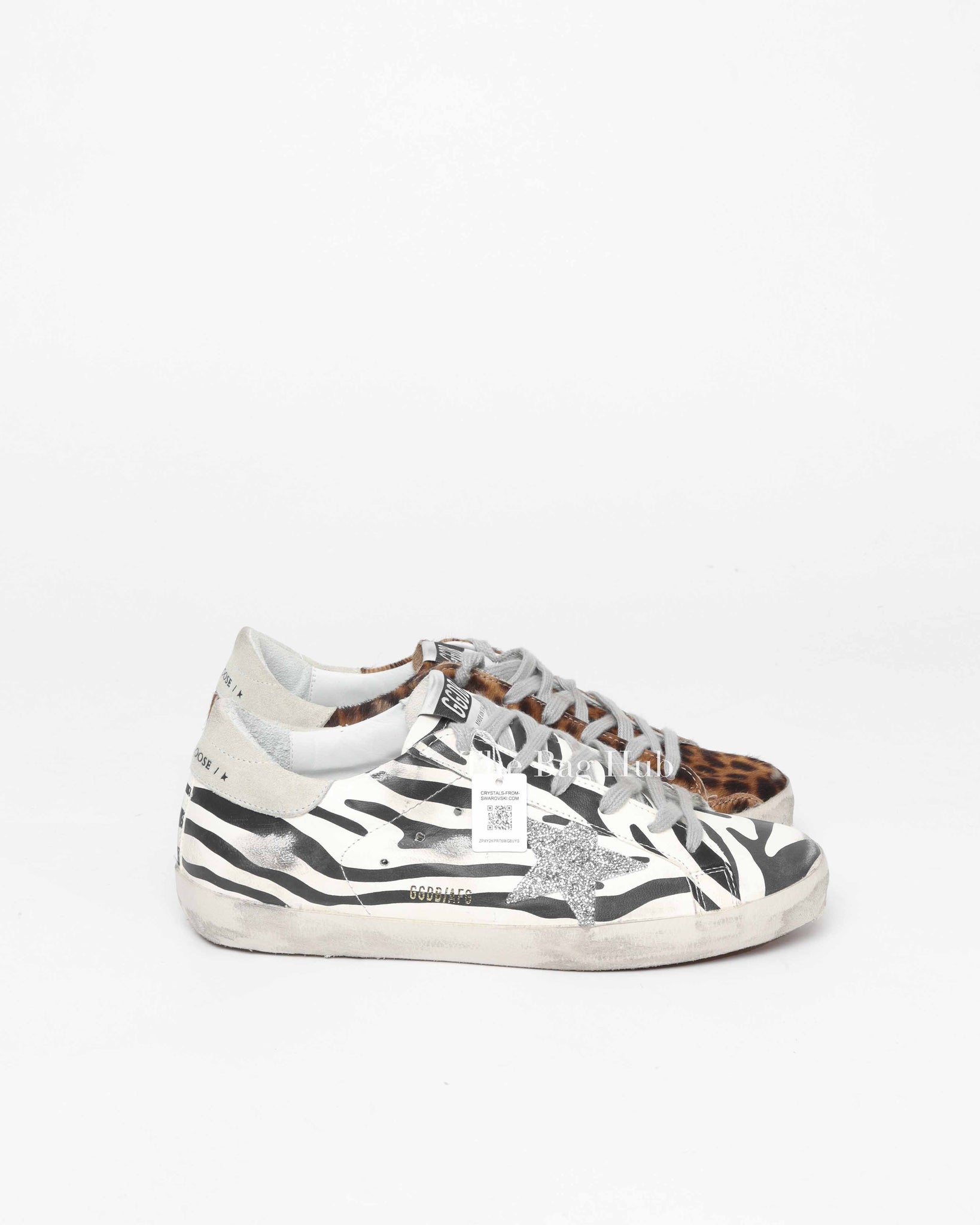 Golden Goose Zebra/Beige Brown Leopard Pony Skin Swarovski Star Super Star Classic Size 39