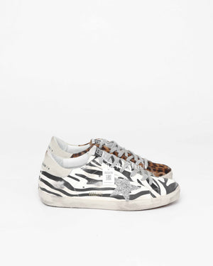 Golden Goose Zebra/Beige Brown Leopard Pony Skin Swarovski Star Super Star Classic Size 39