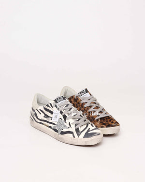Golden Goose Zebra/Beige Brown Leopard Pony Skin Swarovski Star Super Star Classic Size 39