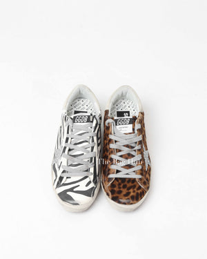 Golden Goose Zebra/Beige Brown Leopard Pony Skin Swarovski Star Super Star Classic Size 39