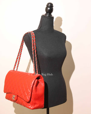 Chanel Red Lambskin Maxi Double Flap Bag SHW