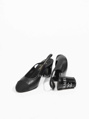 Chanel Black Leather Crystal Logo Cap Toe Slingback Pumps Size 36C