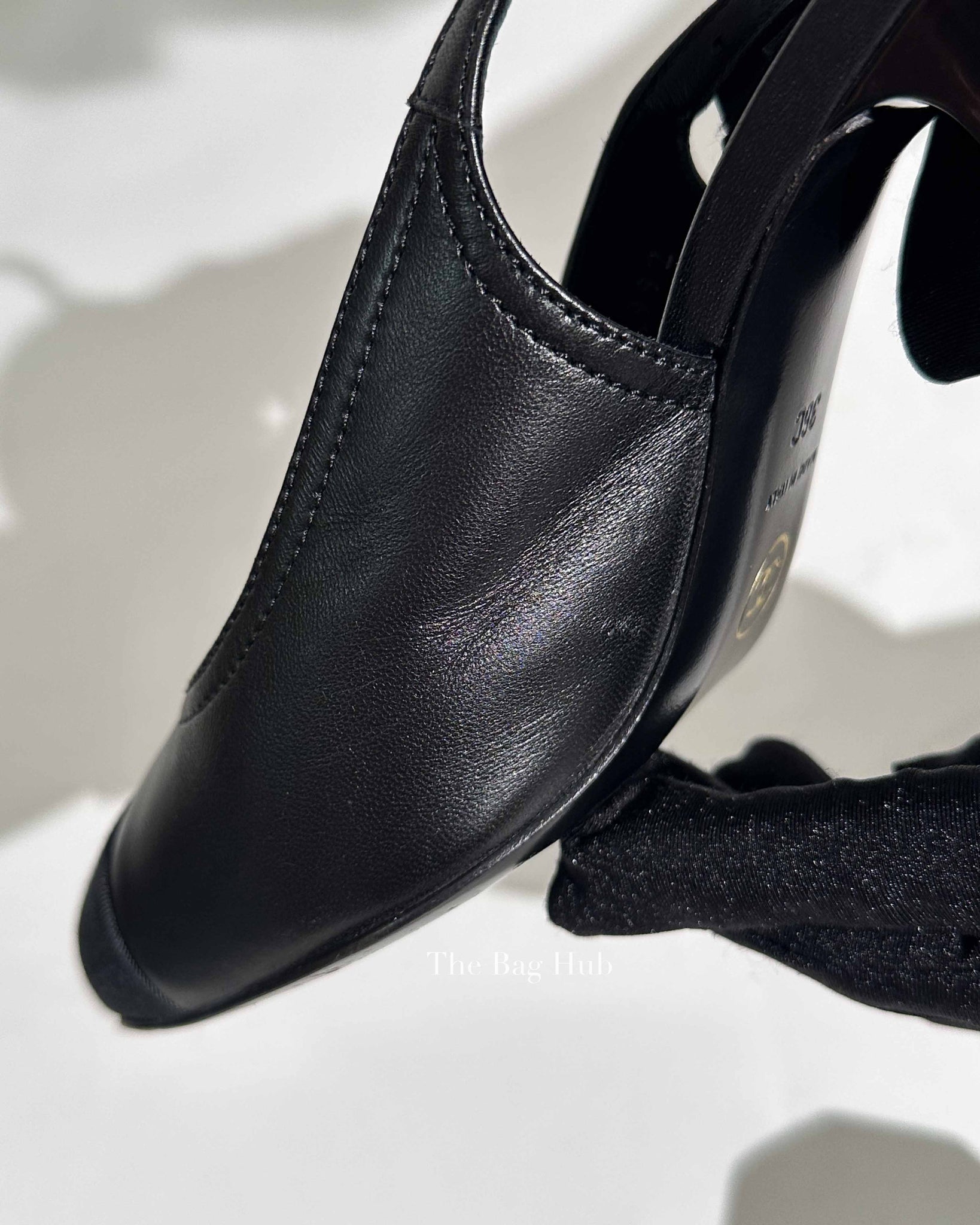 Chanel Black Leather Crystal Logo Cap Toe Slingback Pumps Size 36C